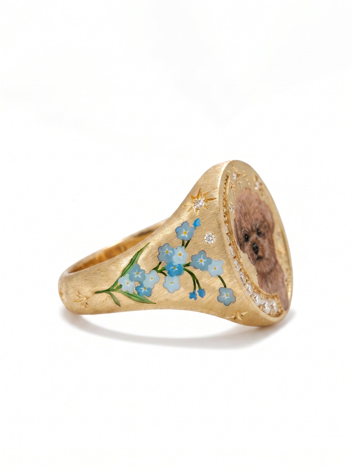 Custom pet portrait signet ring, hand painted enamel in solid gold, view 4