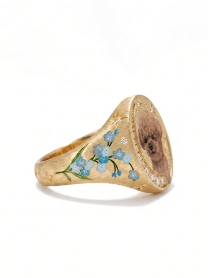 Custom pet portrait signet ring, hand painted enamel in solid gold, view 4