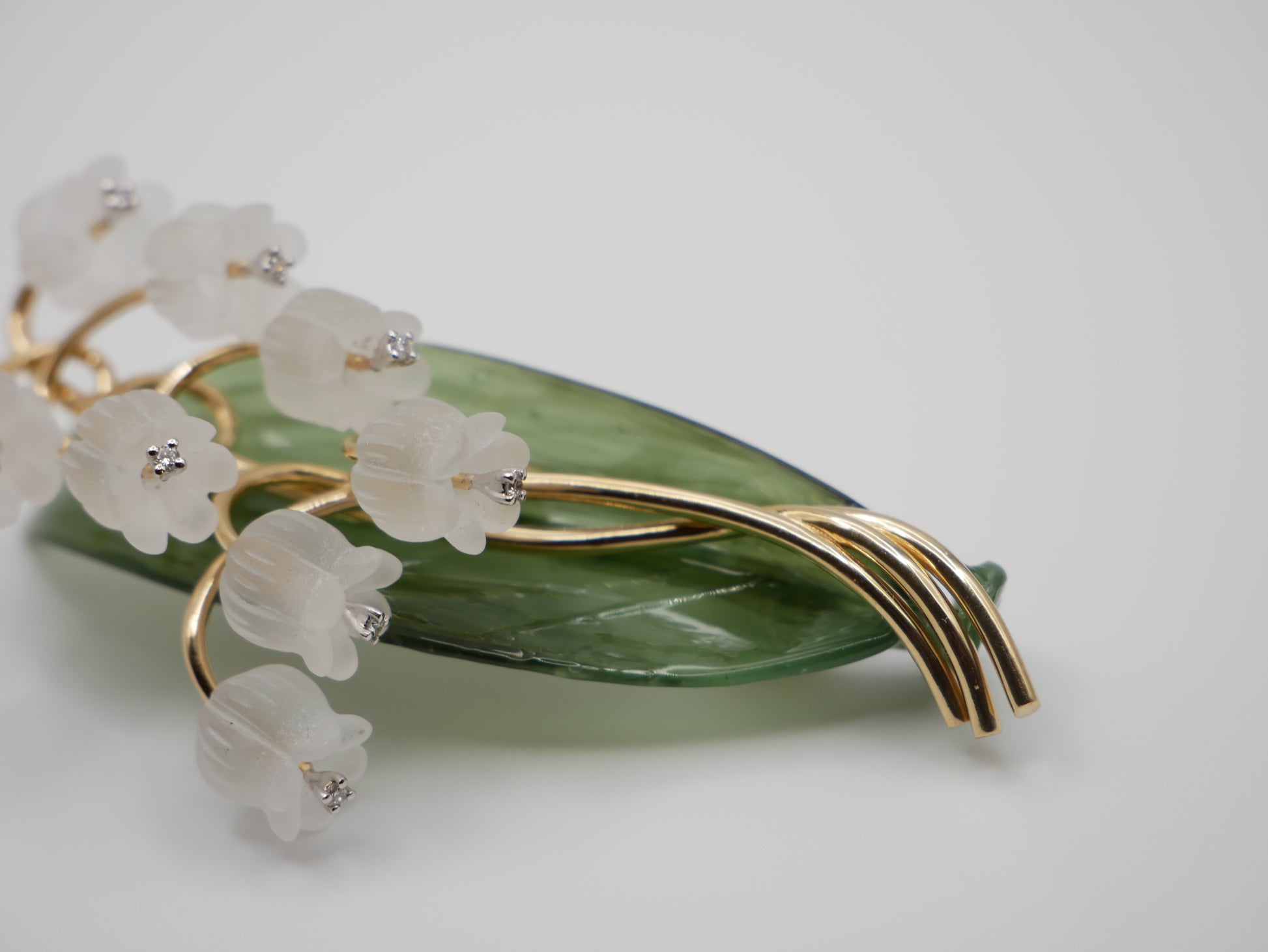 1stdibs - lily of the valley brooch - nephrite - rock crystal - diamonds - antique lily of the valley