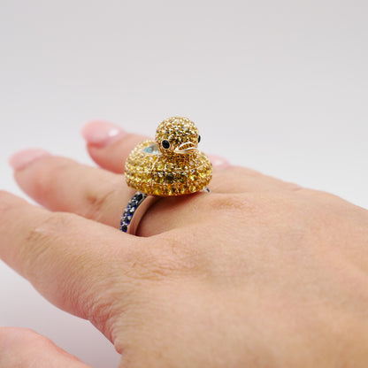 Aquamarine with Blue Sapphires Large Duckie Ring, 18K Gold