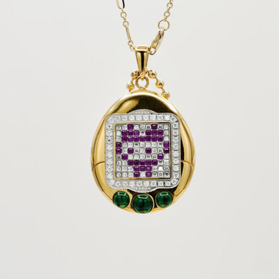 Pet Egg Pendant with Moissanites and Gemstones on Ball Chain, 18K Gold Filled