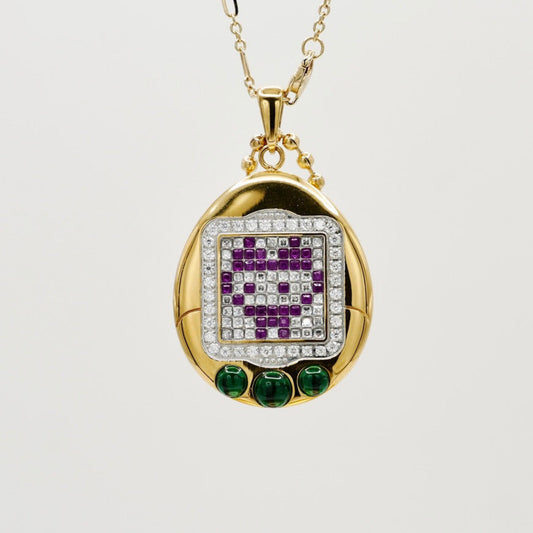 Tamagotchi pendant with emeralds, sapphires, rubies and diamonds