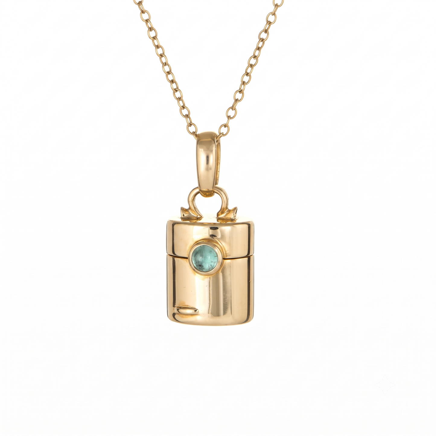 Vintage Style Pill Box Pendant Necklace with Green Tourmaline in 14K or 18K Gold