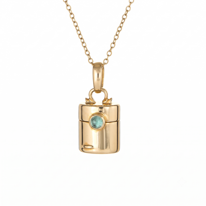 Vintage Style Pill Box Pendant Necklace with Green Tourmaline in 14K or 18K Gold