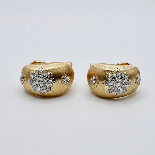 18K Rigatto, Gold Engraved Snowflake Diamond Earrings
