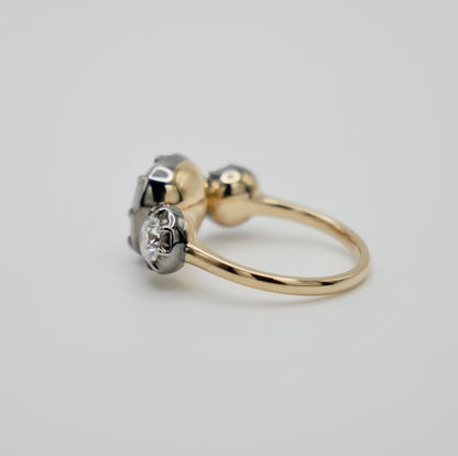 Cushion Emerald and Lab Diamond Georgian Victorian Collet Button Back Trilogy Ring, view 4