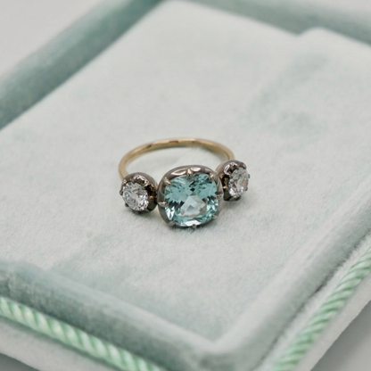 Cushion Aquamarine and Lab Diamond Georgian Victorian Collet Button Back Trilogy Ring, view 2