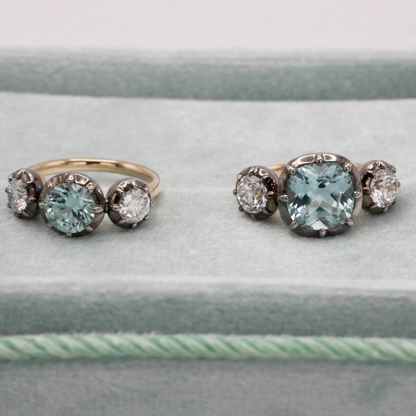 Cushion Aquamarine and Lab Diamond Georgian Victorian Collet Button Back Trilogy Ring, view 5