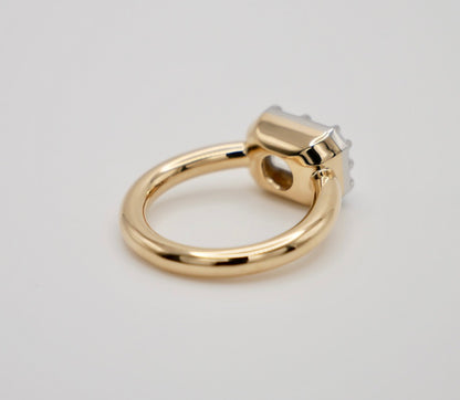 Georgian Victorian Moissanite Platinum and Gold Elongated East West Button Back Collet Ring, view 4