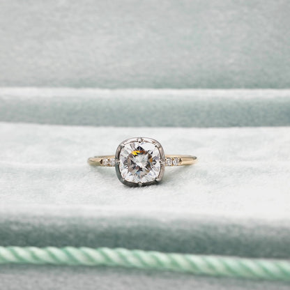Cushion Cut Georgian Victorian Moissanite Ring with Pavé Accents, 14K White Gold, view 5