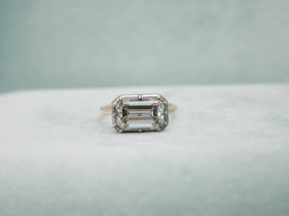 Georgian Victorian Elongated Emerald Cut Moissanite Button Back Collet Ring, view 5