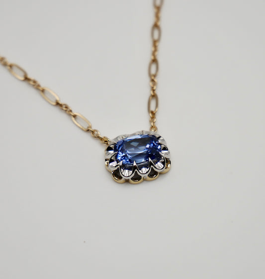 Elongated Cushion Lab Grown Sapphire Gold Trombone Chain Necklace, 18K Gold, view 2