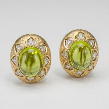 Peridot Cabochon and Natural Diamond Halo Earrings, 18K Gold