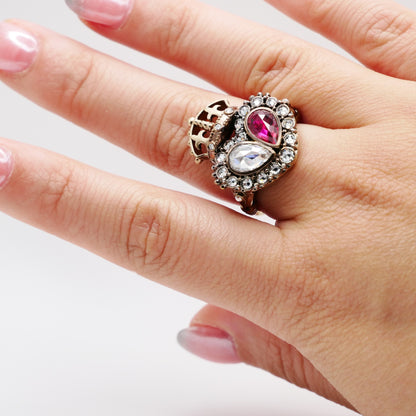 Georgian Crowned Twin Heart Ring with Rose Cut Lab Ruby and Moissanite, view 5