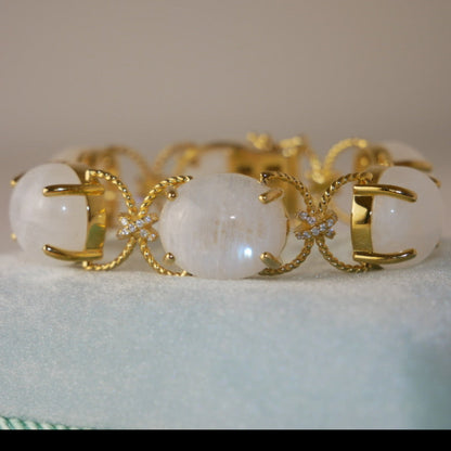 Pebble Cabochon Sicilian Moonstone and Moissanite Rope Bracelet