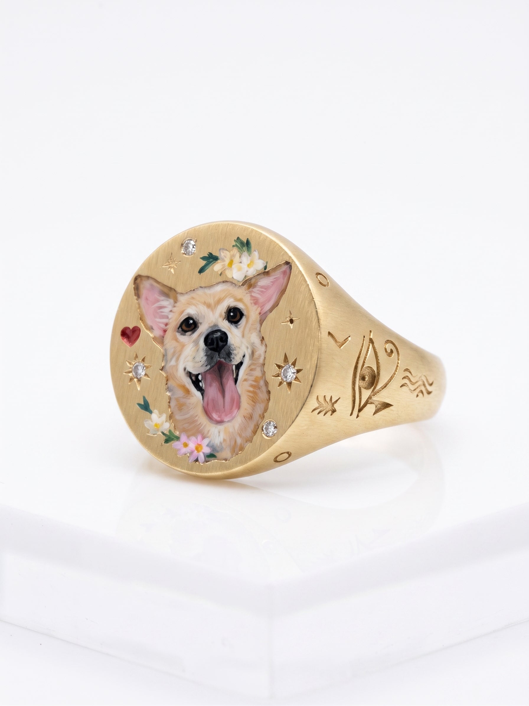Custom pet portrait signet ring, hand painted enamel in solid gold, view 5