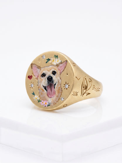 Custom pet portrait signet ring, hand painted enamel in solid gold, view 5