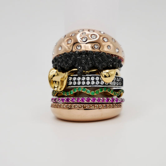 18K Rose, Yellow and White Gold Filled Stacked Caviar Hamburger Ring