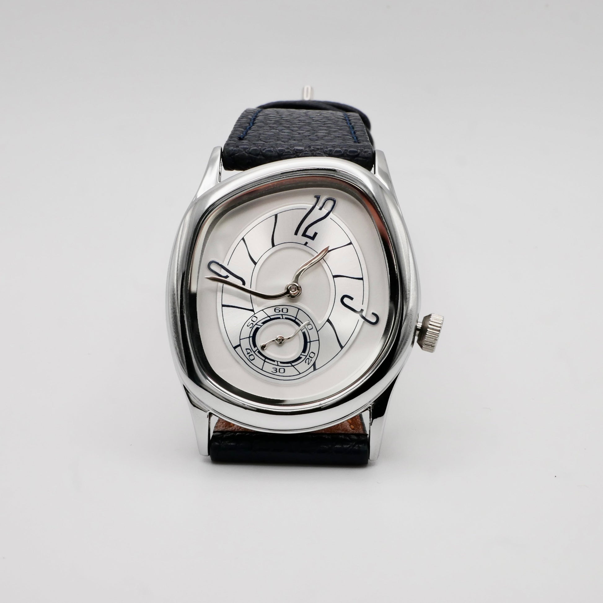 Men's White Gold and Navy Leather Strap Barrel Vintage Inspired Watch | by Disco Marshmallow