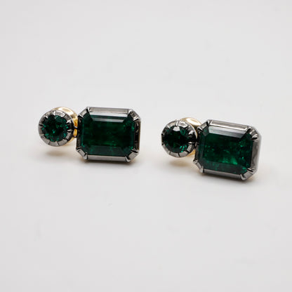 Georgian Collet Set Round and Emerald Cut Zambian Emerald Stud Earrings, view 5