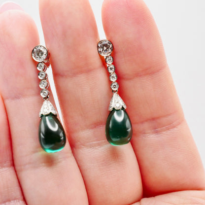Platinum Drop Earrings with Tear Drop Lab Emeralds & Lab Diamond or Moissanites, view 4