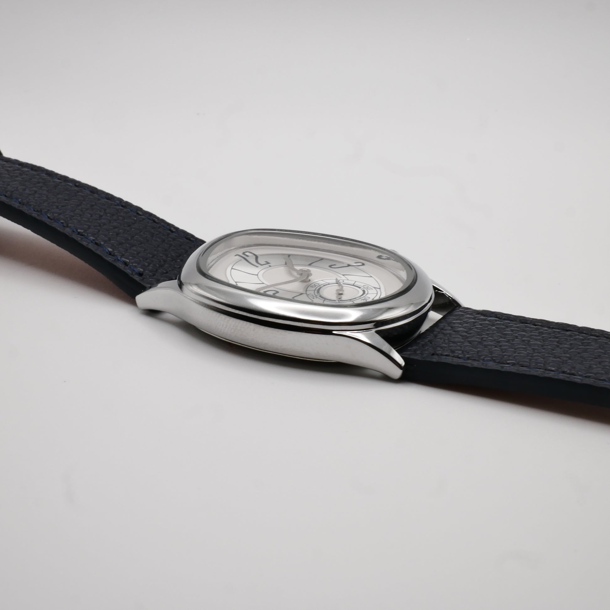 Men's White Gold and Navy Leather Strap Barrel Vintage Inspired Watch | by Disco Marshmallow