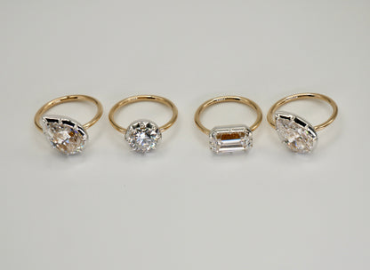 Georgian Victorian Emerald Cut Moissanite Button Back Collet Ring, White Gold, view 5
