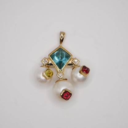 Art Deco Geometric Pearl and Multi-Gemstone Cabochon, 9K Gold, view 2