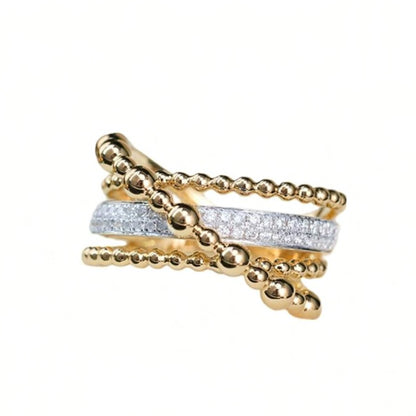 Ball and Diamond Criss Cross Ring, 18K Gold
