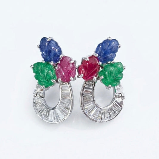 Tutti Frutti Emerald, Ruby & Sapphire Hoop Earrings with Carré Cut Lab-Grown Diamonds in 14K White Gold