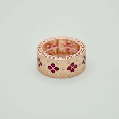 Silk Engraved Ring with Lab Rubies and Moissanites, 14K Gold, view 3