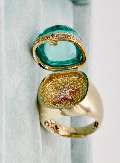 Aquamarine Cabochon Ring with Hidden Opening Starfish, view 5