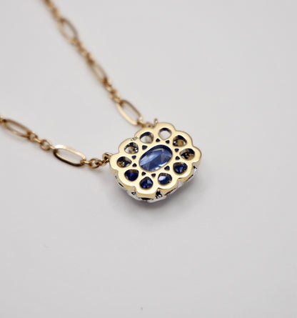 Elongated Cushion Lab Grown Sapphire Gold Trombone Chain Necklace, 18K Gold, view 7