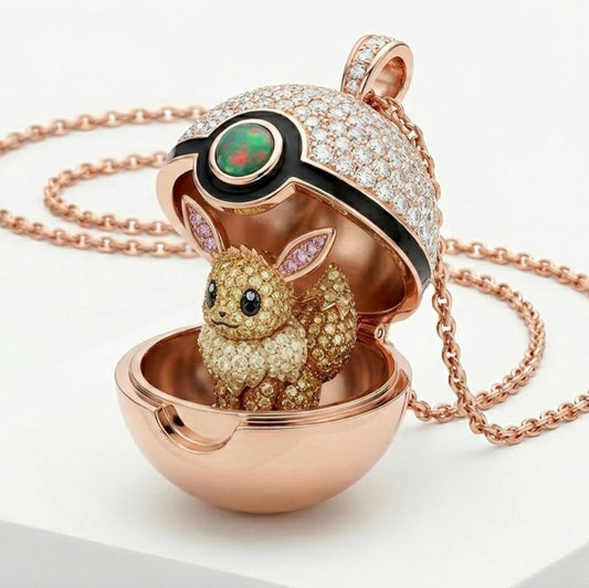 Pokeball Locket Pendant with Eevee Inside, 3D Opening Pokemon Necklace, Pavé Moissanite 18K Gold, Anime Gamer Jewelry Gift
