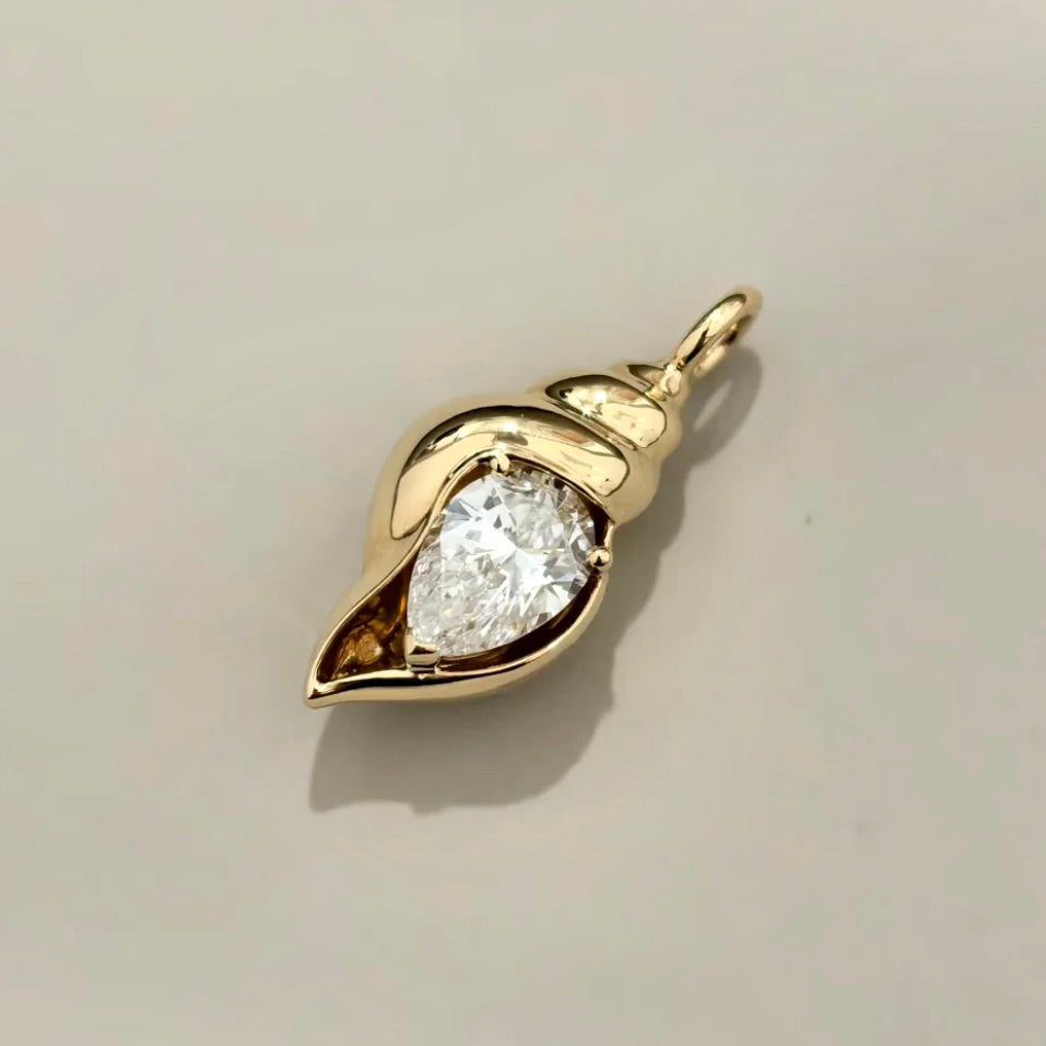Lab Diamond Conch Shell Pendant in 18K Gold | 0.6ct Pear Diamond Necklace Charm | Beach Jewelry | by Disco Marshmallow