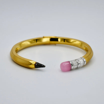Pencil Bangle with Moissanite and Pink Nephrite, 18K Gold Filled, Size 16 cm, Ready to Ship