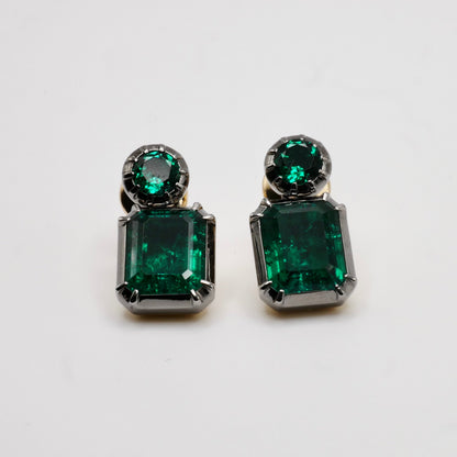 Georgian Collet Set Round and Emerald Cut Zambian Emerald Stud Earrings
