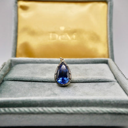Georgian Victorian Pear Cornflower Blue Sapphire Gold Ball Chain Pendant, view 5