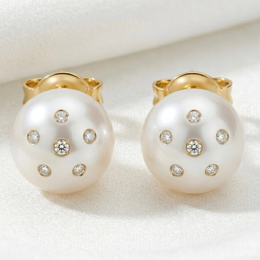 Freshwater Pearl Stud Earrings with Embedded Lab Diamonds in 14K or 18K Gold