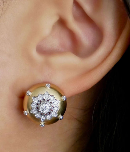Round Engraved Gold Button Silk Diamond Earrings, 18K Gold, view 9