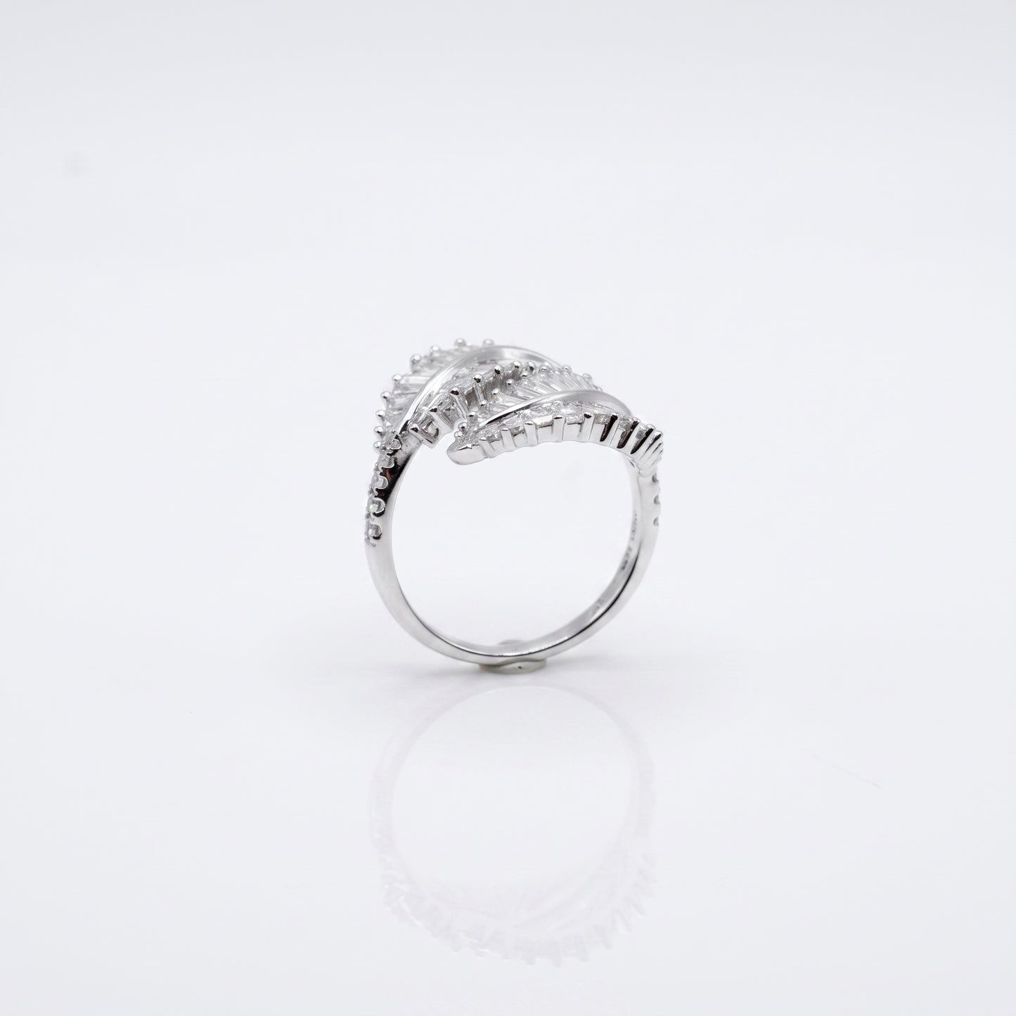 Double palm leaf ring with baguette lab diamonds in 18K white gold, view 6