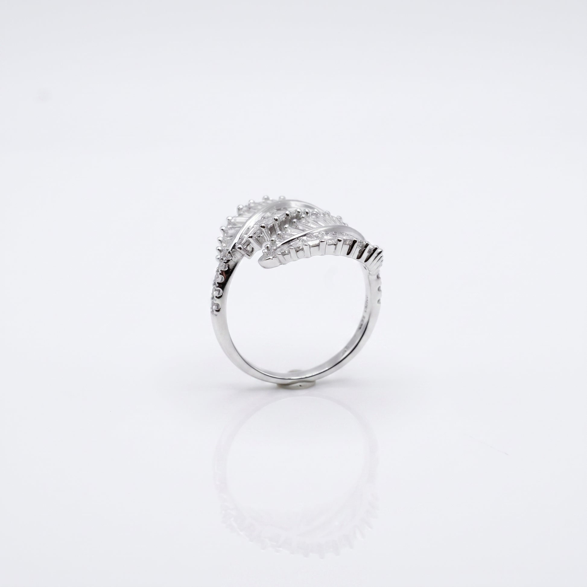 Double palm leaf ring with baguette lab diamonds in 18K white gold, view 6