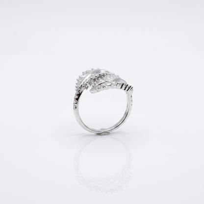 Double palm leaf ring with baguette lab diamonds in 18K white gold, view 6