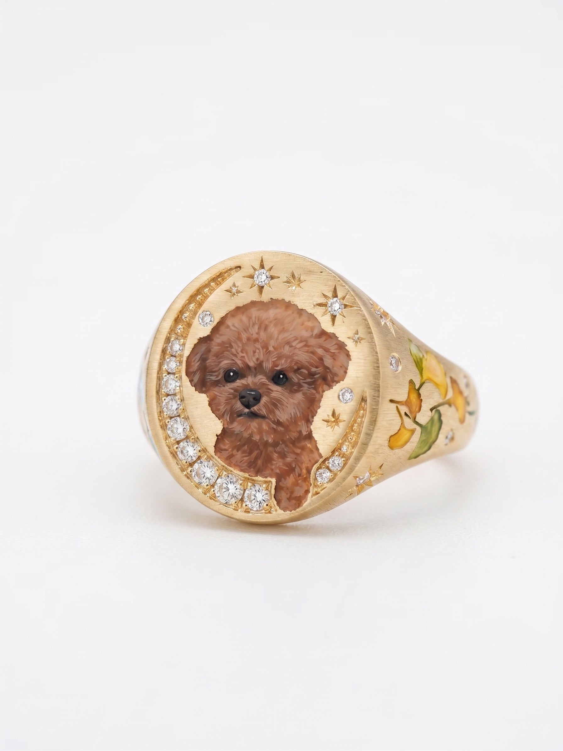 Custom pet portrait signet ring, hand painted enamel in solid gold, view 2