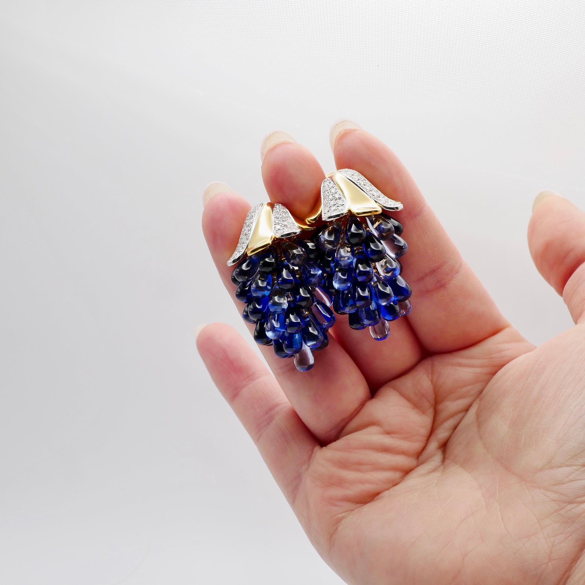 Sapphire Grape Earrings | Lab Sapphire Cluster Drops in 18K Gold Filled or Solid Gold | Statement Earrings | Cabochon Sapphire Jewelry | by Disco Marshmallow | Verdura style | Sicilian jewelry | cabochon bracelet