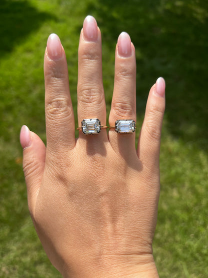 Georgian Victorian Elongated Emerald Cut Moissanite Button Back Collet Ring, view 6