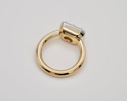 Georgian Victorian Moissanite Platinum and Gold Elongated East West Button Back Collet Ring, view 3