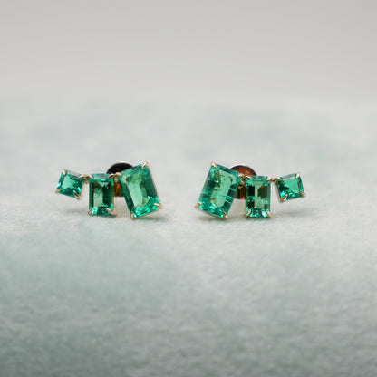 Emerald-Cut Lab Emerald Climber Earrings, 14K Gold, view 6