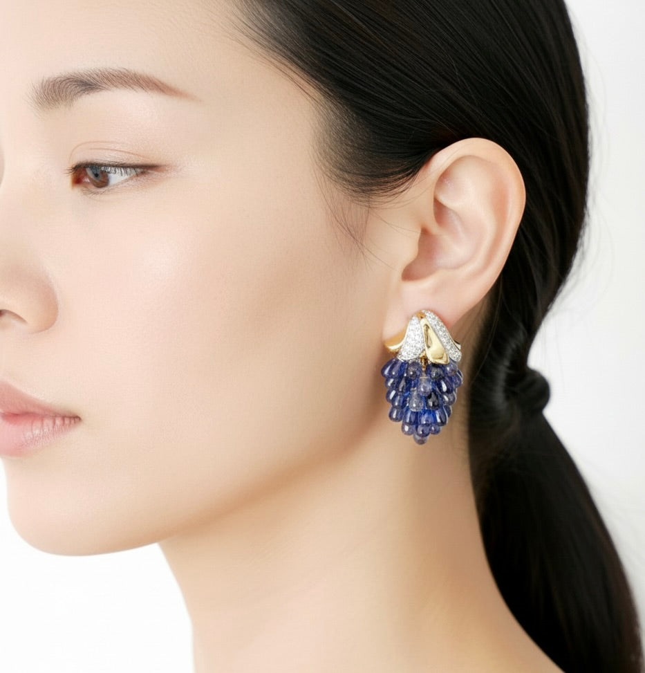 Sapphire Grape Earrings | Lab Sapphire Cluster Drops in 18K Gold Filled or Solid Gold | Statement Earrings | Cabochon Sapphire Jewelry | by Disco Marshmallow | Verdura style | Sicilian jewelry | cabochon bracelet