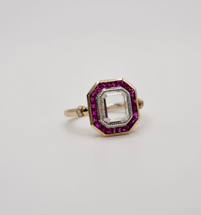 Portrait Cut Moissanite or Diamond Art Deco Ring with Caliber Cut Lab Grown Rubies, 14K Yellow Gold, view 2